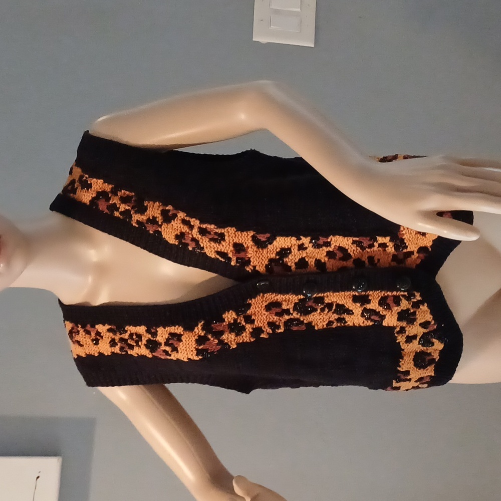 🔥PBJ Sport vintage 80's blinged out leopard print black sweater vest cardigan M
